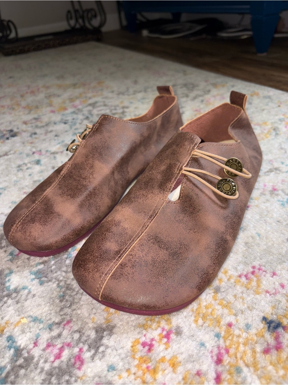 Brown Distressed Leather Slip-On Shoes with Button Accents